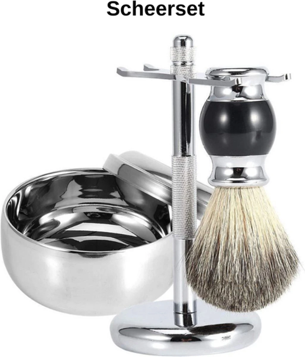 Complete Scheerset - Vaderdag Cadeau - RVS Scheerkom - Scheerkwast - Scheermeshouder - Badkamer Set - Scheerspullen 1 Complete Scheerset - Vaderdag Cadeau - RVS Scheerkom - Scheerkwast - Scheermeshouder - Badkamer Set - Scheerspullen
