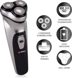 Alpina Scheerapparaat - USB-Oplaadbaar - 3 Zwevende Scheerkoppen - Pop-Up Trimmer - Met Reinigingsborsteltje En Beschermkap - USB-kabel -Verzorgingsproductenwinkel 1109x1200 5