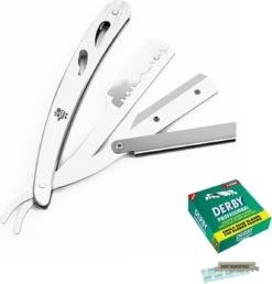 Rvs Scheermes Mannen Inclusief 100 Derby Premium Scheermesjes - Barbiersmes - Shavette - Kappers Mes - Klassiek Open Scheermes - Klapmes - Huismerk Shopgelijk