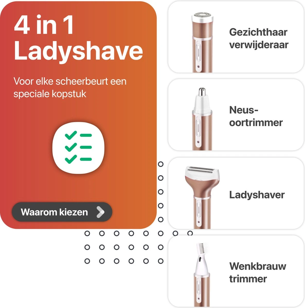 Smart-Tech - 4 In 1 Ladyshave - Oplaadbaar - Wenkbrauw Trimmer - Neus- En Oor Trimmer - Rose Gold 3 Smart-Tech - 4 In 1 Ladyshave - Oplaadbaar - Wenkbrauw Trimmer - Neus- En Oor Trimmer - Rose Gold - Afbeelding 3
