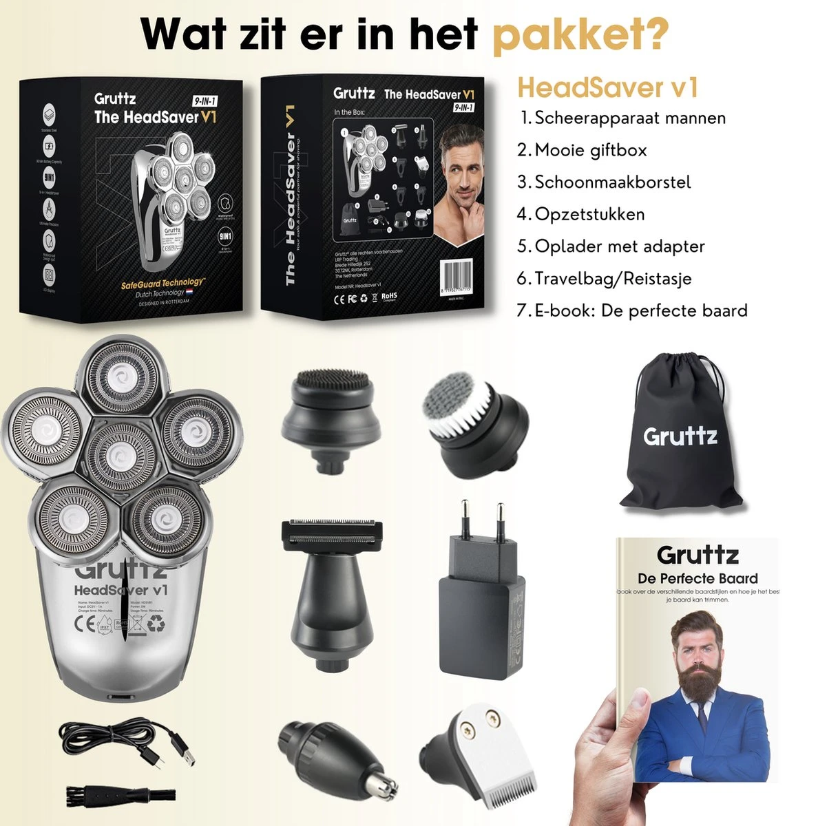 Gruttz - 9-in-1 Scheerapparaat Mannen - Hoofd Kaal Scheren - Gezicht En Hoofd Trimmer - Waterdicht - Nat En Droog Shaver 11 Gruttz - 9-in-1 Scheerapparaat Mannen - Hoofd Kaal Scheren - Gezicht En Hoofd Trimmer - Waterdicht - Nat En Droog Shaver - Afbeelding 11