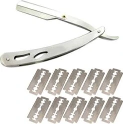 Merkloos Klassiek Barbiersmes: Scheren Als Bij De Kapper! Open Straight Edge Klapmes - Scheermes - Razor - Cutthroat Van RVS Roestvrij Staal. Inclusief 10 Vervangbare Scheermesjes!