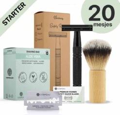 Safety Razor Starterkit Aluminium Voor Mannen En Vrouwen Glossy Black - 20 Mesjes - Scheerkwast - Scheerzeep - Scheren Starterset