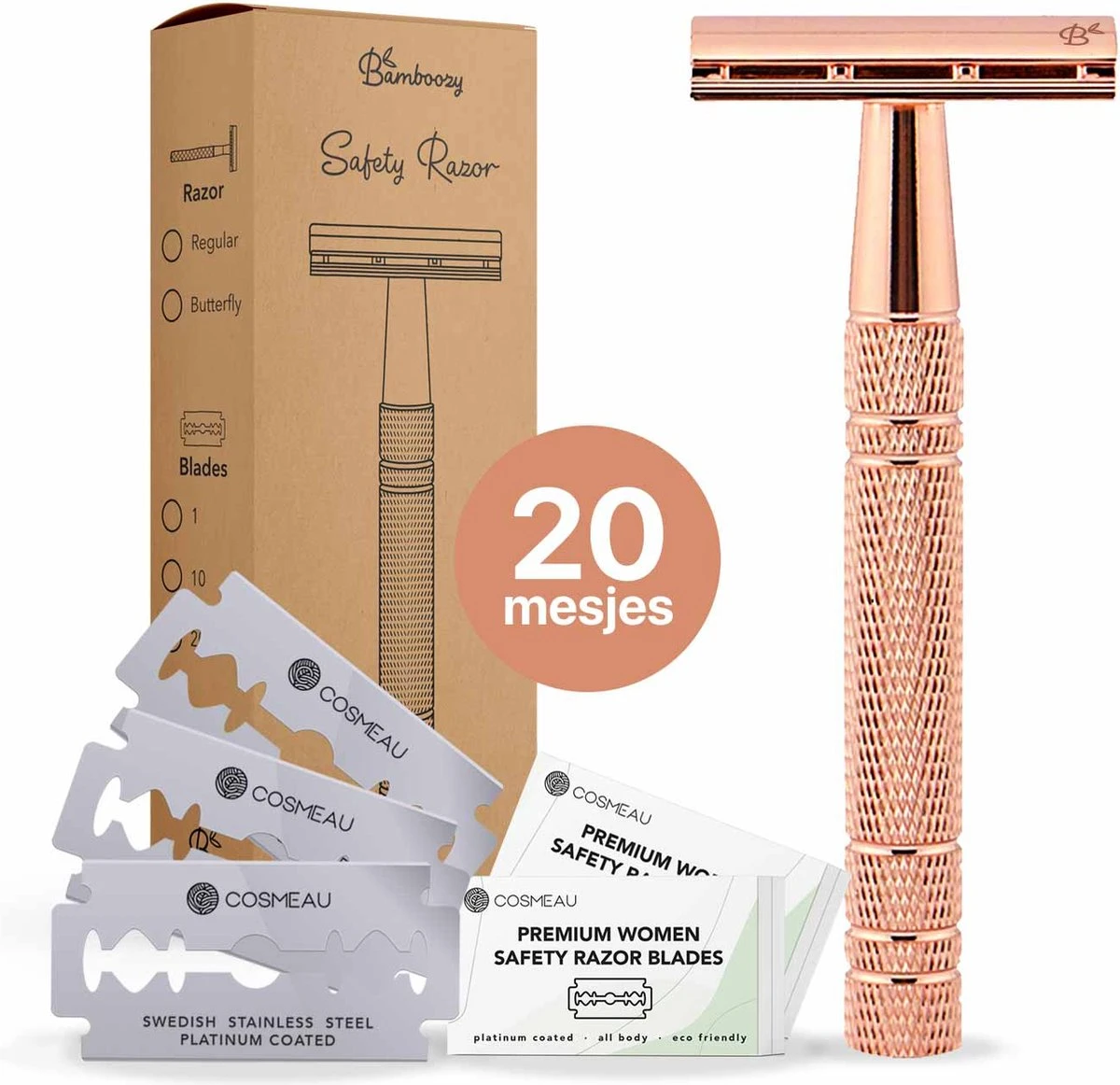 Safety Razor + 20 Scheermesjes Aluminium Rose Gold Goud Voor Vrouwen Dames Venus Scheermes Veiligheidsscheermes 1 Safety Razor + 20 Scheermesjes Aluminium Rose Gold Goud Voor Vrouwen Dames Venus Scheermes Veiligheidsscheermes