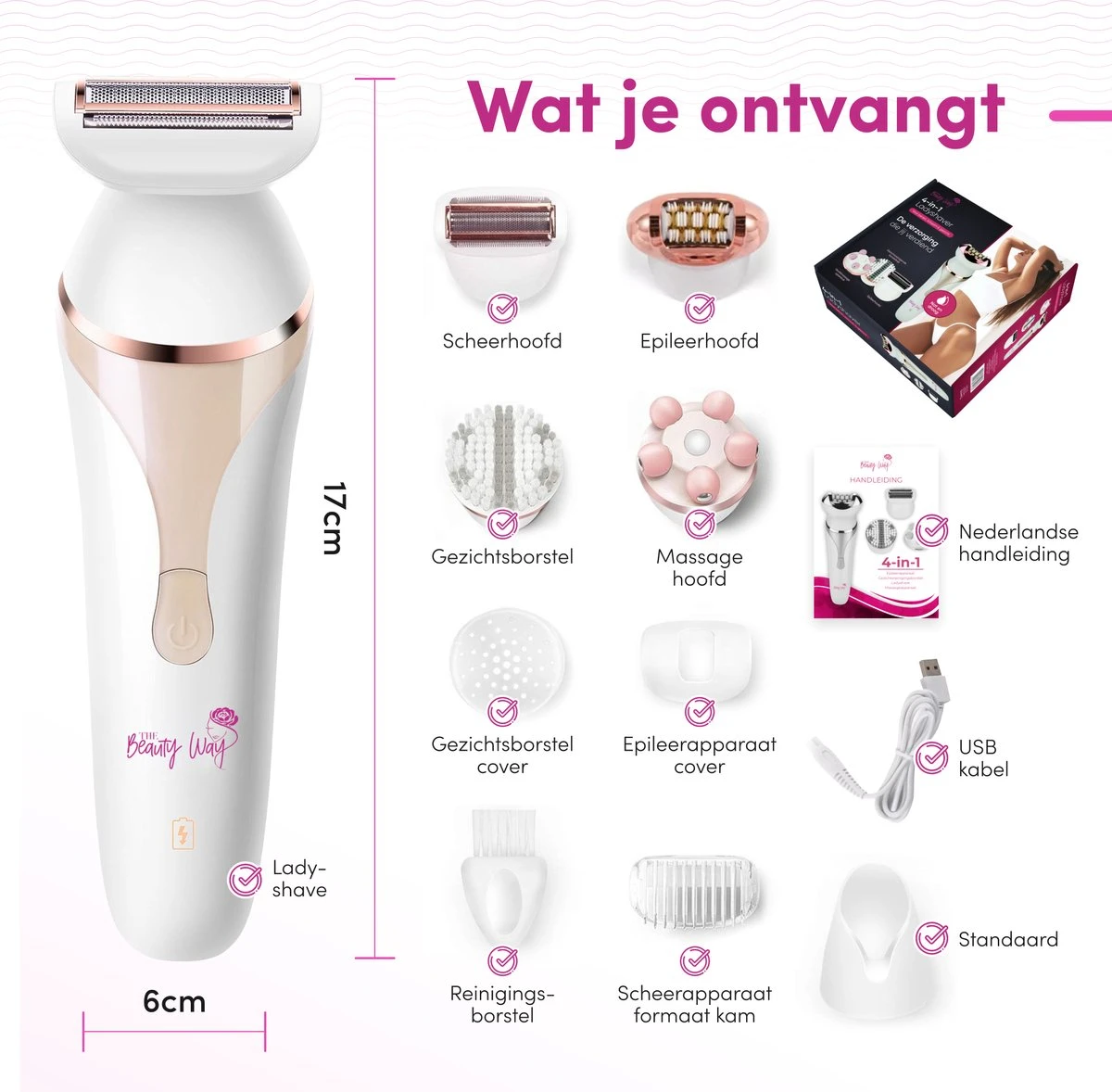 TheBeautyWay 4 In 1 Ladyshave – Draadloos - Nat & Droog - Massage, Reinig & Epileer - Scheerapparaat Vrouw 9 TheBeautyWay 4 In 1 Ladyshave – Draadloos - Nat & Droog - Massage, Reinig & Epileer - Scheerapparaat Vrouw - Afbeelding 9