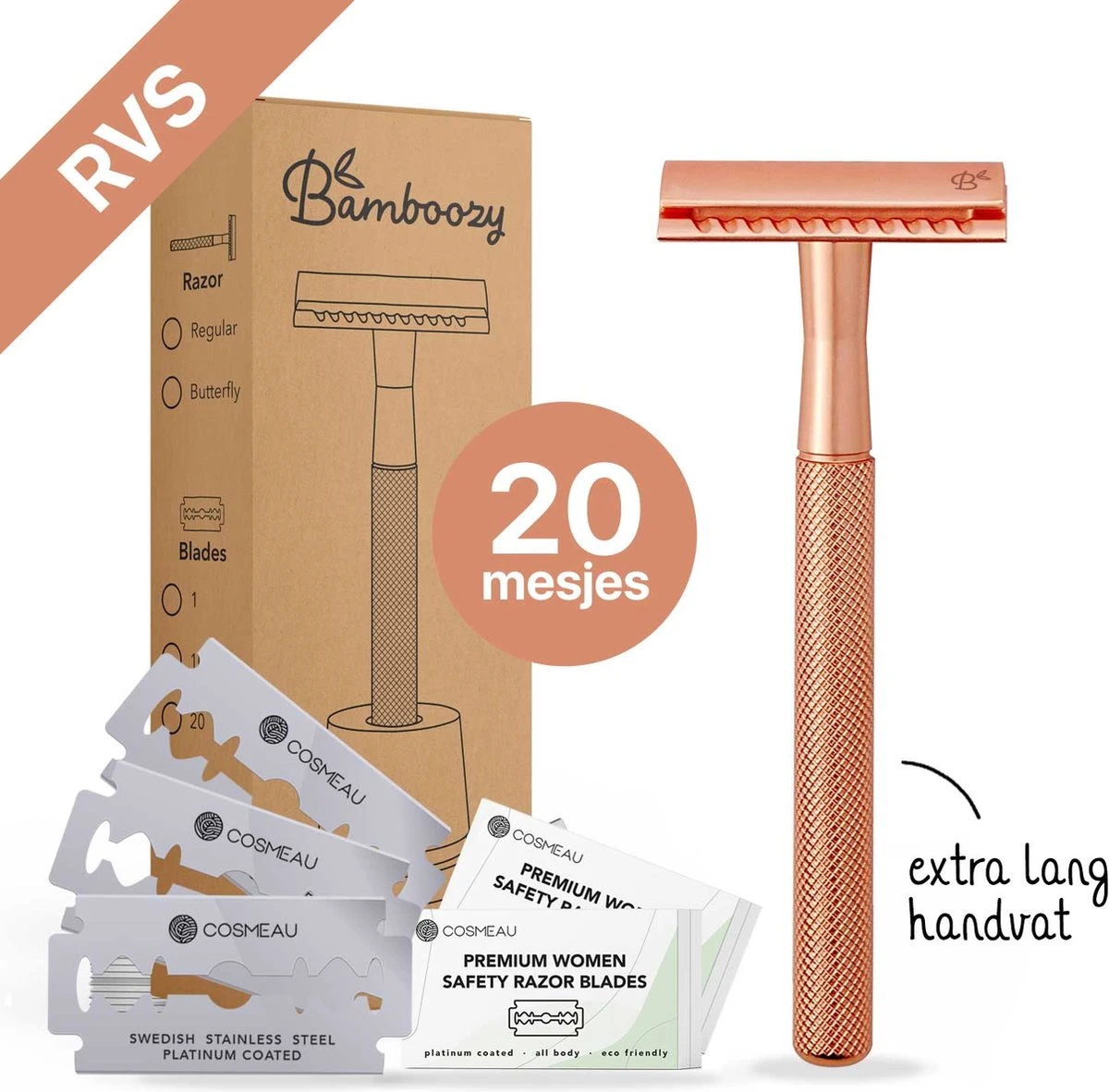 Bamboozy Safety Razor RVS + 20 Scheermesjes Rose Gold Goud Voor Vrouwen Dames Zero Waste Duurzaam Scheermesje Veiligheidsscheermes 1 Bamboozy Safety Razor RVS + 20 Scheermesjes Rose Gold Goud Voor Vrouwen Dames Zero Waste Duurzaam Scheermesje Veiligheidsscheermes