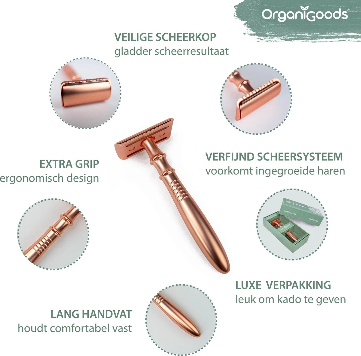 OrganiGoods Safety Razor + 20 Scheermesjes Blades - Safety Razor Voor Vrouwen - Rose Gold Goud Scheermes - Double Edge Single Blade - Veiligheidsscheermes - Duurzaam Scheermesje 4 OrganiGoods Safety Razor + 20 Scheermesjes Blades - Safety Razor Voor Vrouwen - Rose Gold Goud Scheermes - Double Edge Single Blade - Veiligheidsscheermes - Duurzaam Scheermesje - Afbeelding 4