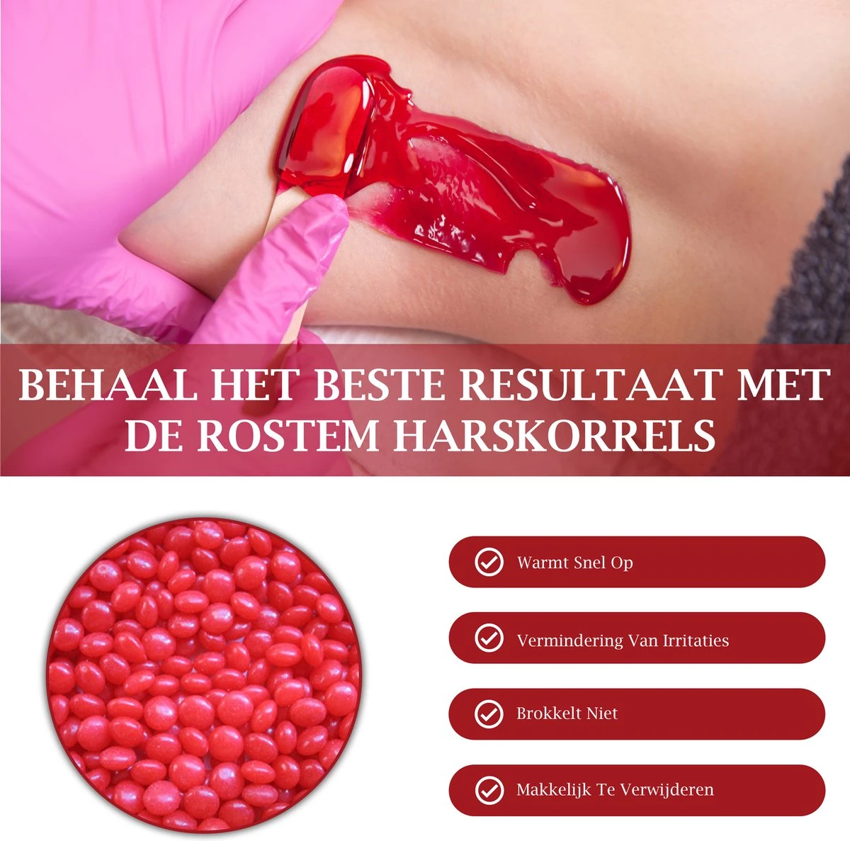 Rostem® Luxe Harskorrels - Hard Wax Beans - Hotwax - Wax Bonen - Strawberry 1KG - Incl. 10 Spatels 4 Rostem® Luxe Harskorrels - Hard Wax Beans - Hotwax - Wax Bonen - Strawberry 1KG - Incl. 10 Spatels - Afbeelding 4