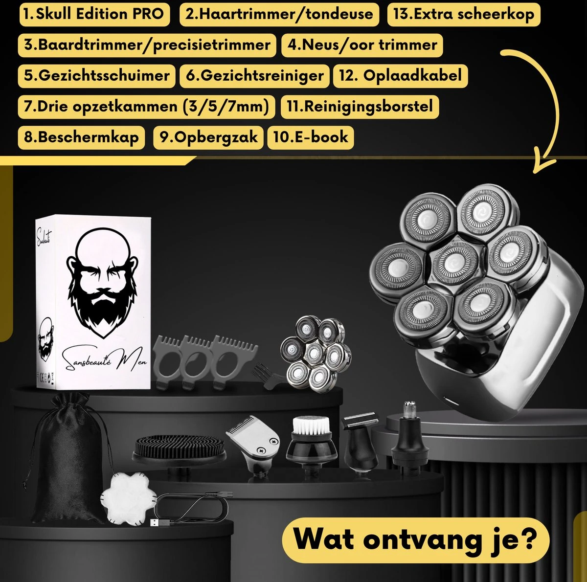 6-in-1 Scheerapparaat Mannen + Extra Scheerkop – Trimmer - Skull Edition PRO - Nat & Droog - Face En Head Shaver – Hoofd Kaal Scheren - Draadloos Opladen - Opzetstukken - Incl. E-Book 4 6-in-1 Scheerapparaat Mannen + Extra Scheerkop – Trimmer - Skull Edition PRO - Nat & Droog - Face En Head Shaver – Hoofd Kaal Scheren - Draadloos Opladen - Opzetstukken - Incl. E-Book - Afbeelding 4
