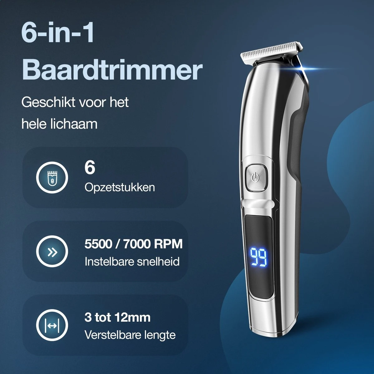 Beeperfect® 6 In 1 Baardtrimmer Voor Mannen - Trimmer - Bodygroomer - Neus En Oor Trimmer - IPX6 Waterdicht - 6 Opzetstukken 5 Beeperfect® 6 In 1 Baardtrimmer Voor Mannen - Trimmer - Bodygroomer - Neus En Oor Trimmer - IPX6 Waterdicht - 6 Opzetstukken - Afbeelding 5
