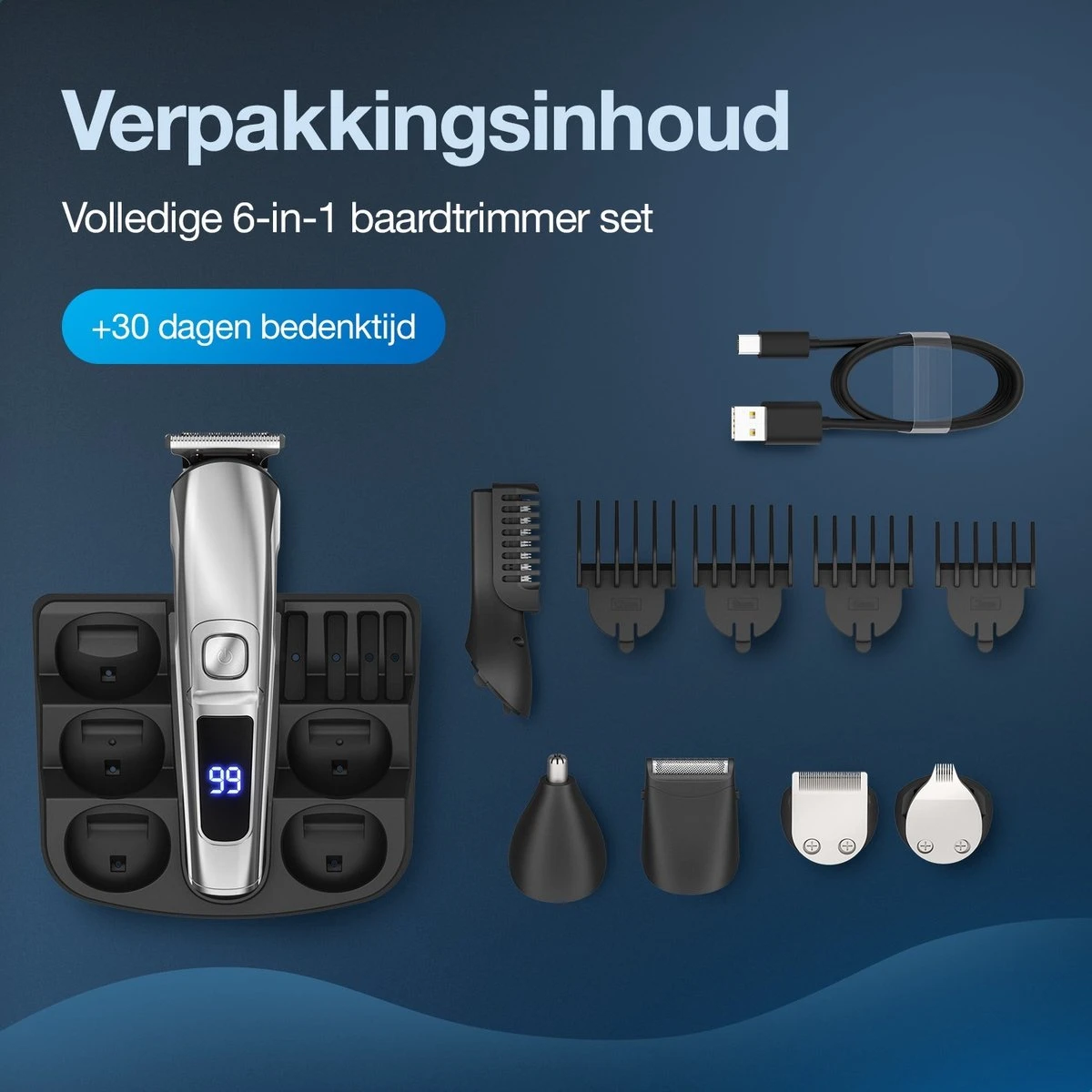 Beeperfect® 6 In 1 Baardtrimmer Voor Mannen - Trimmer - Bodygroomer - Neus En Oor Trimmer - IPX6 Waterdicht - 6 Opzetstukken 8 Beeperfect® 6 In 1 Baardtrimmer Voor Mannen - Trimmer - Bodygroomer - Neus En Oor Trimmer - IPX6 Waterdicht - 6 Opzetstukken - Afbeelding 8