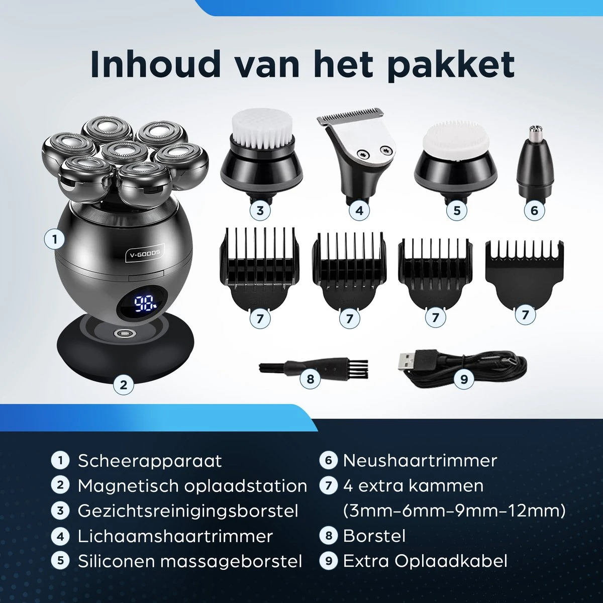 V-Goods Professioneel 5 In 1 Scheerapparaat - Mannen - 7D - 9 Opzetstukken - Tondeuse - Trimmer - Nat En Droog Scheren - Draadloos 5 V-Goods Professioneel 5 In 1 Scheerapparaat - Mannen - 7D - 9 Opzetstukken - Tondeuse - Trimmer - Nat En Droog Scheren - Draadloos - Afbeelding 5
