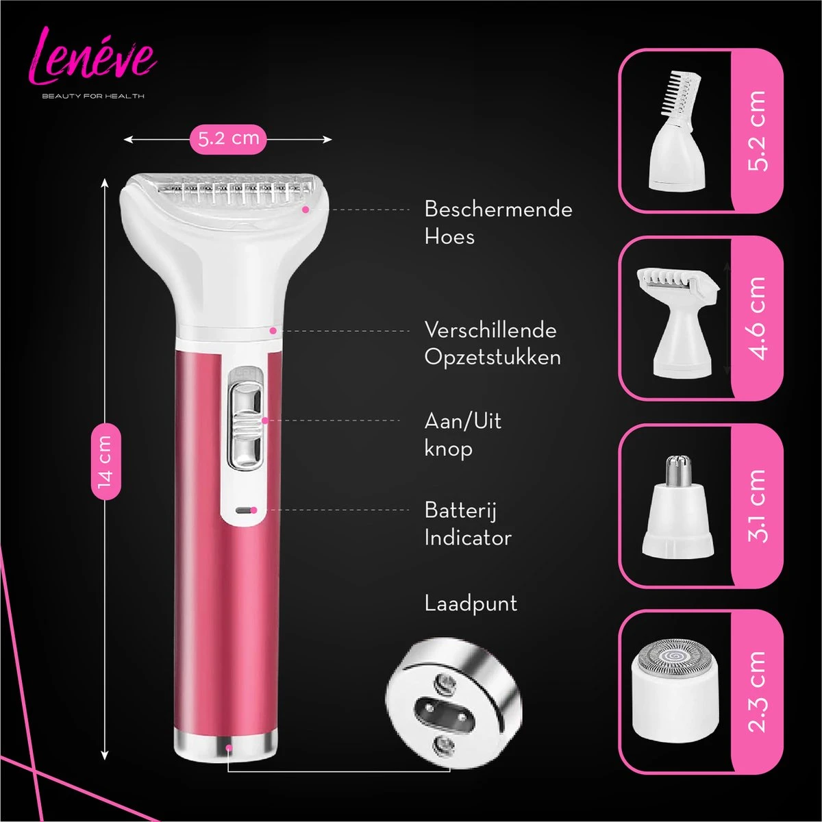 Lenéve Ladyshave - Ladyshave Voor Vrouwen - 5 In 1 - Haarverwijderaar - Bikinitrimmer - Neustrimmer - Wenkbrauw Trimmer 4 Lenéve Ladyshave - Ladyshave Voor Vrouwen - 5 In 1 - Haarverwijderaar - Bikinitrimmer - Neustrimmer - Wenkbrauw Trimmer - Afbeelding 4