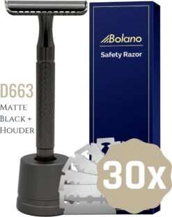 Bolano® Safety Razor Set Mat Zwart + 30 Double Edge Scheermesjes + Houder- Klassiek Scheermes Voor Mannen En Vrouwen - D663