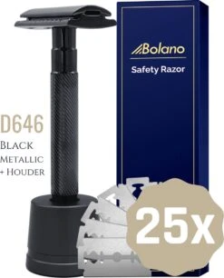 Bolano® Safety Razor Set Black Metallic + 25 Double Edge Scheermesjes + Houder - Klassiek Scheermes Voor Mannen En Vrouwen - Messing